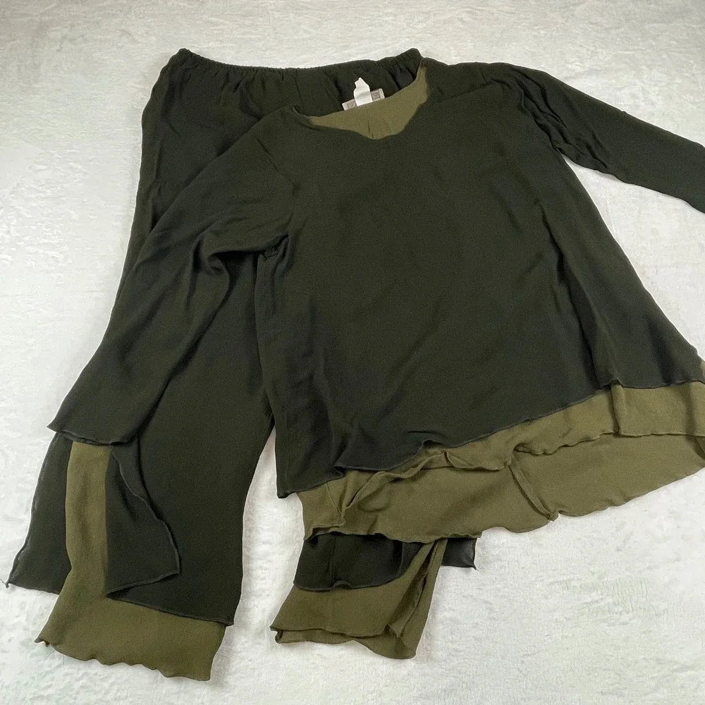 Dinah Lee Womens 1X Rayon Georgette 2 Piece Pant Set Olive Green Black Lagenlook